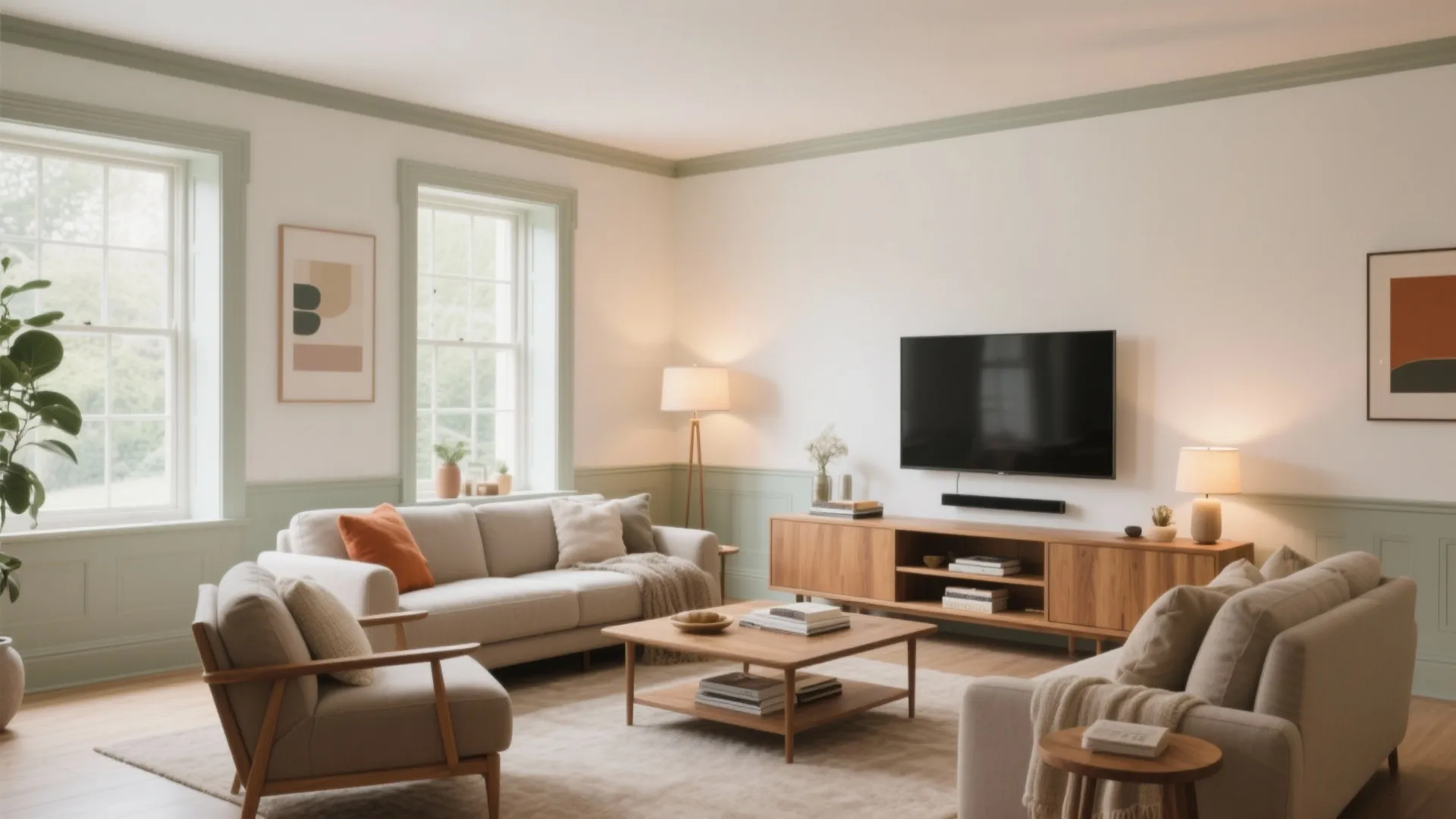 Modern living room featuring beige sofas, wooden furniture, green wall panel, floor lamp, and television