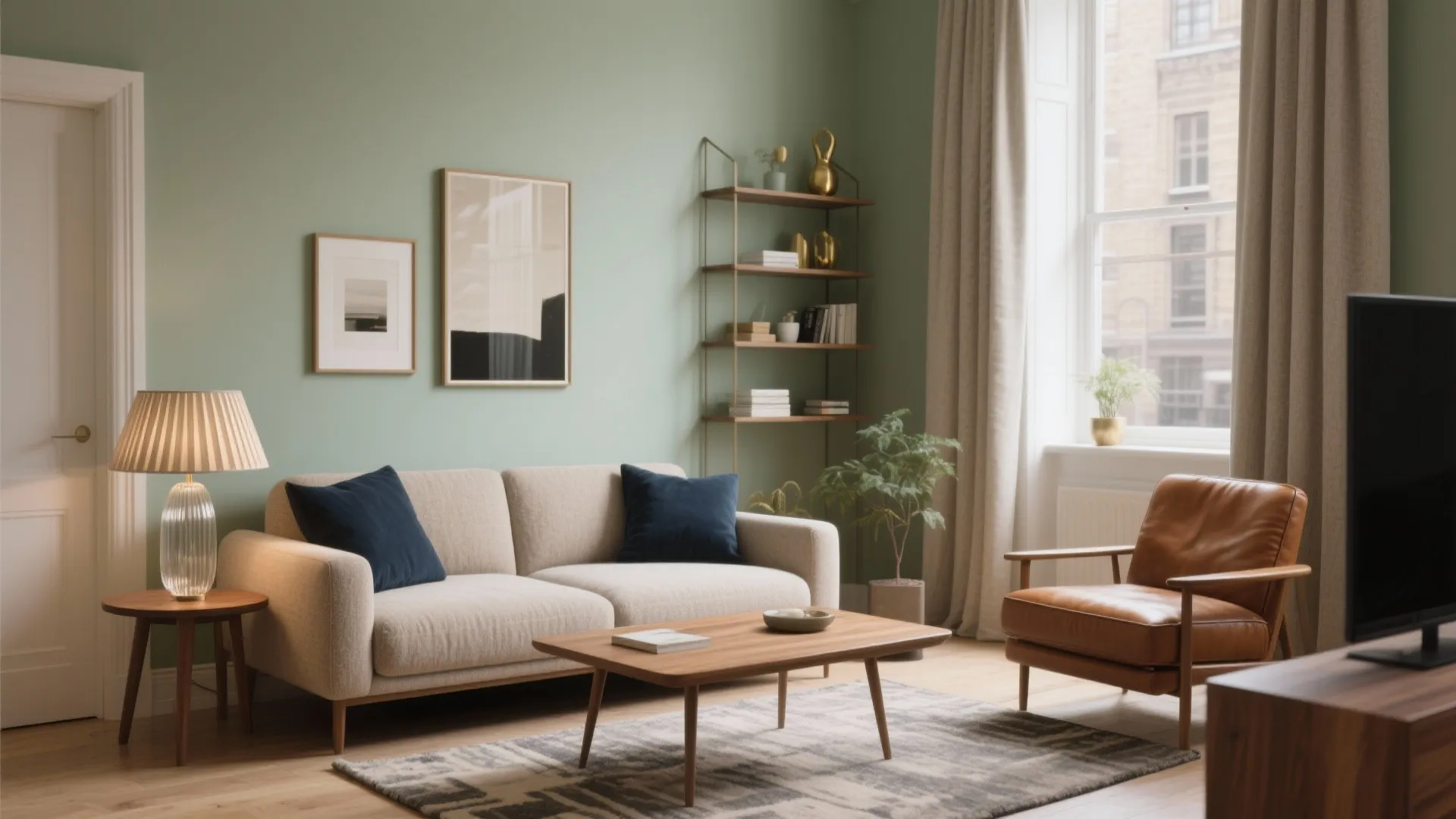 Modern green living room with beige sofa blue pillows leather armchair wooden coffee table plants