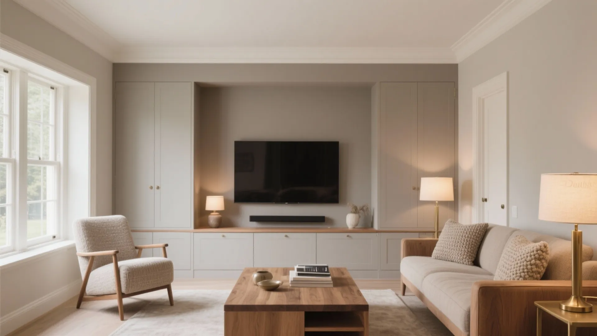 Neutral living room with grey wall cabinets large TV beige sofa armchair and wooden table