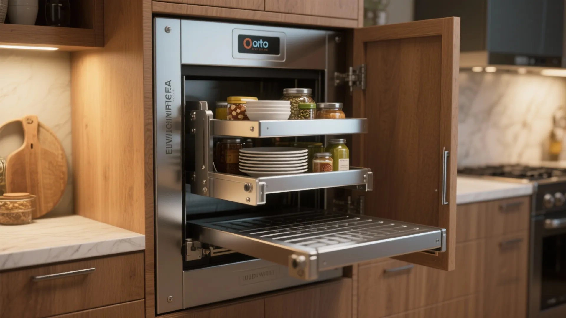 Small kitchen lift with metal trays holding white bowls and glass jars inside wooden cabinet