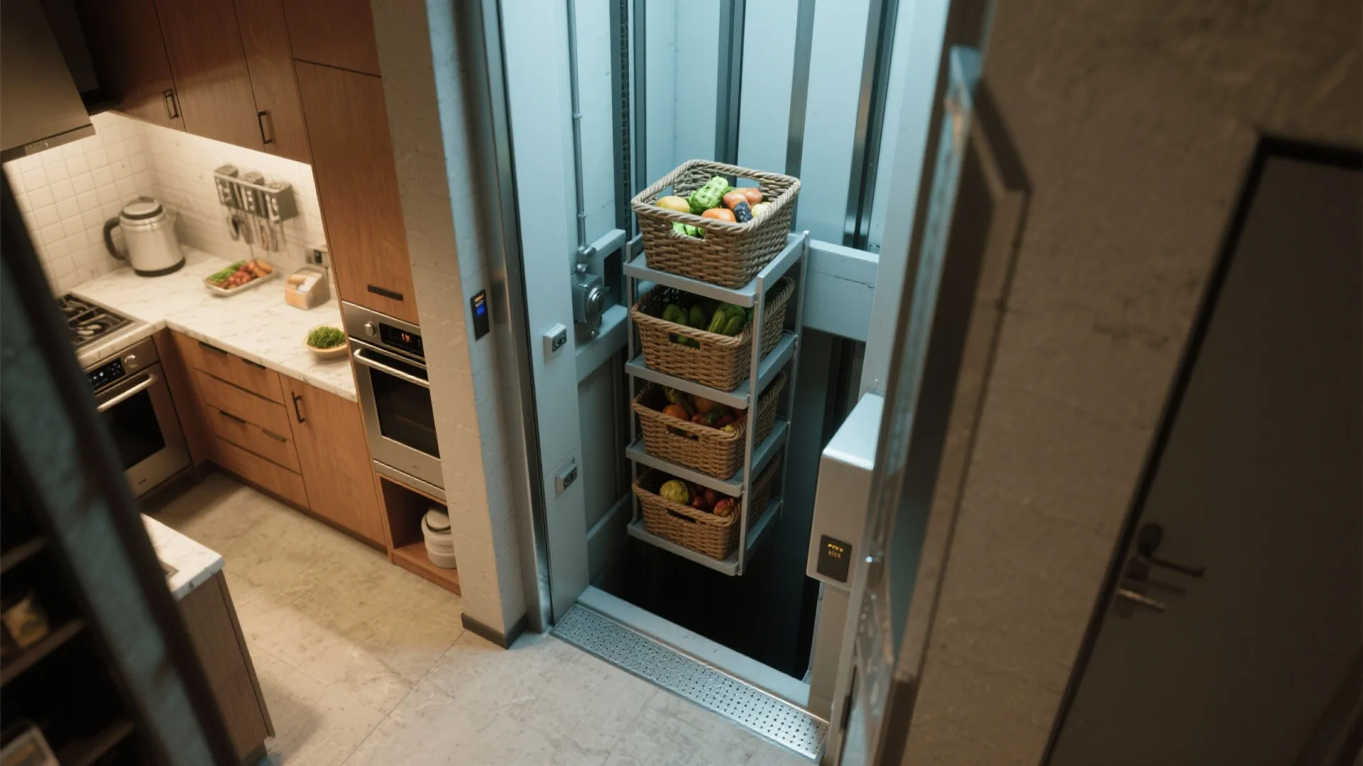Small food lift carrying baskets of fresh fruit and vegetables inside a modern wood kitchen