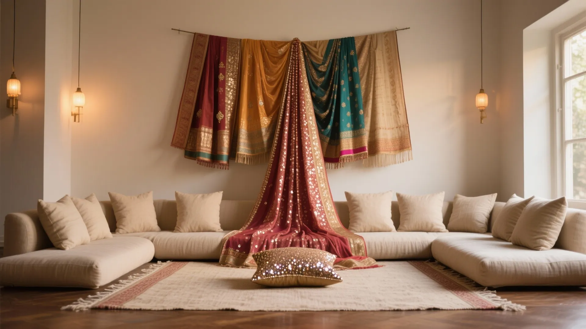 Textile Layers: Dupatta Backdrops and Cushioned Seating
