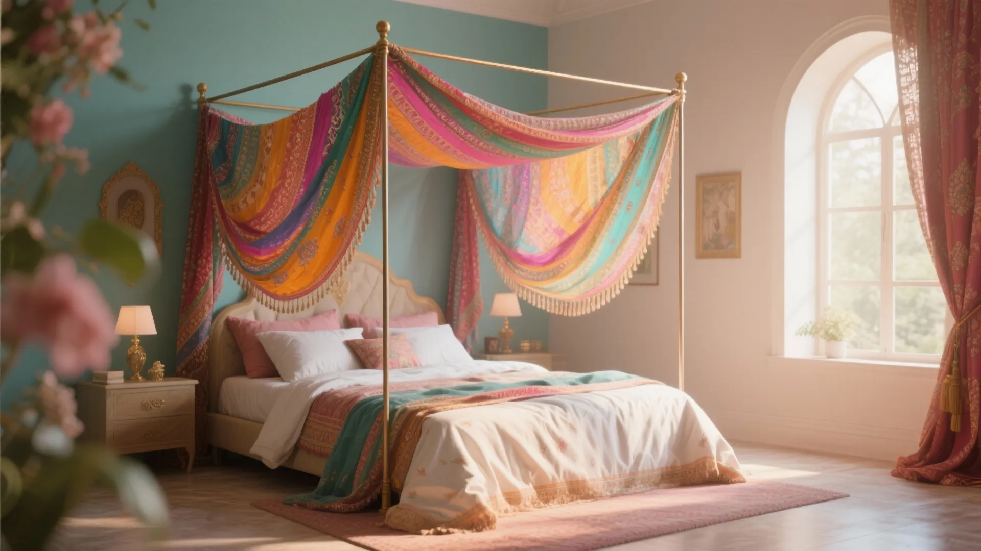 Bedroom with dupatta canopy creating romantic ambiance