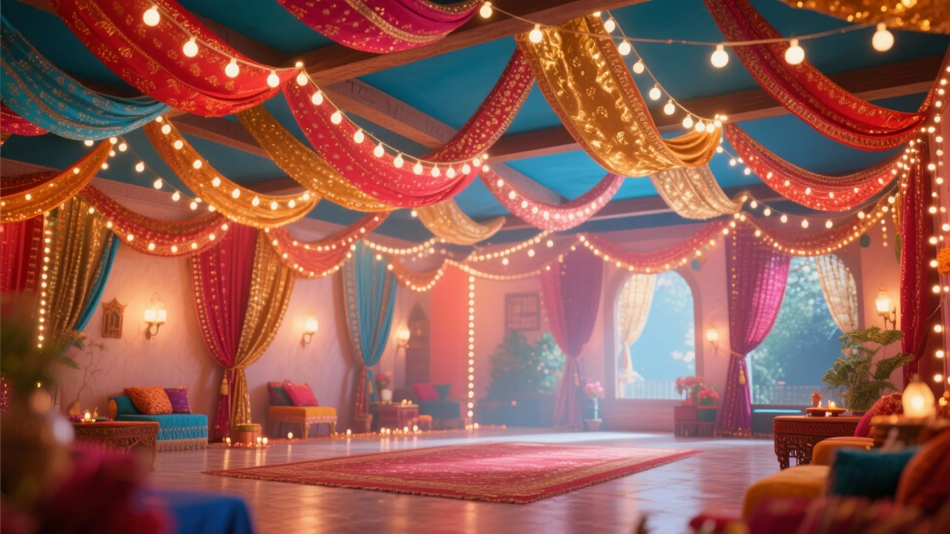 Colorful dupattas draped across ceiling with festive lights