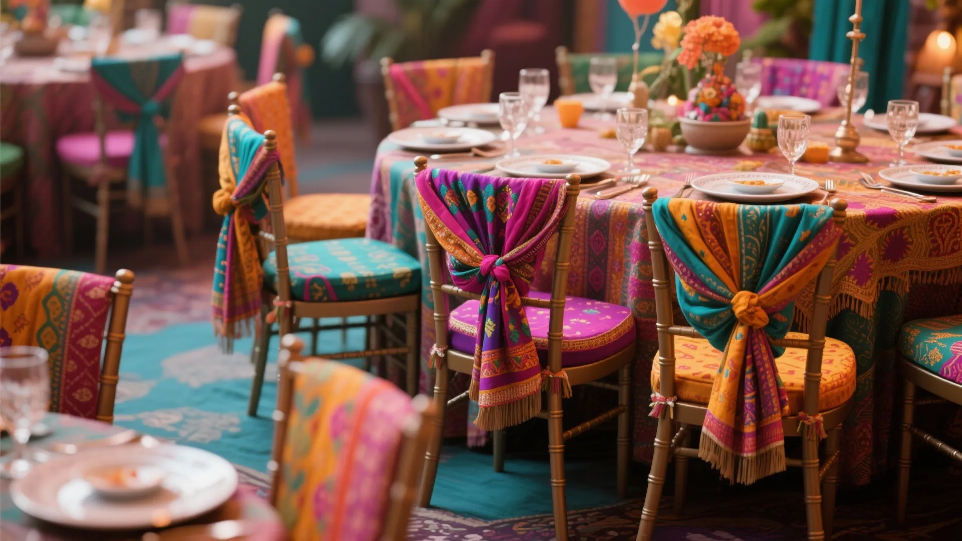 Dining chairs decorated with colorful dupattas tied to backs