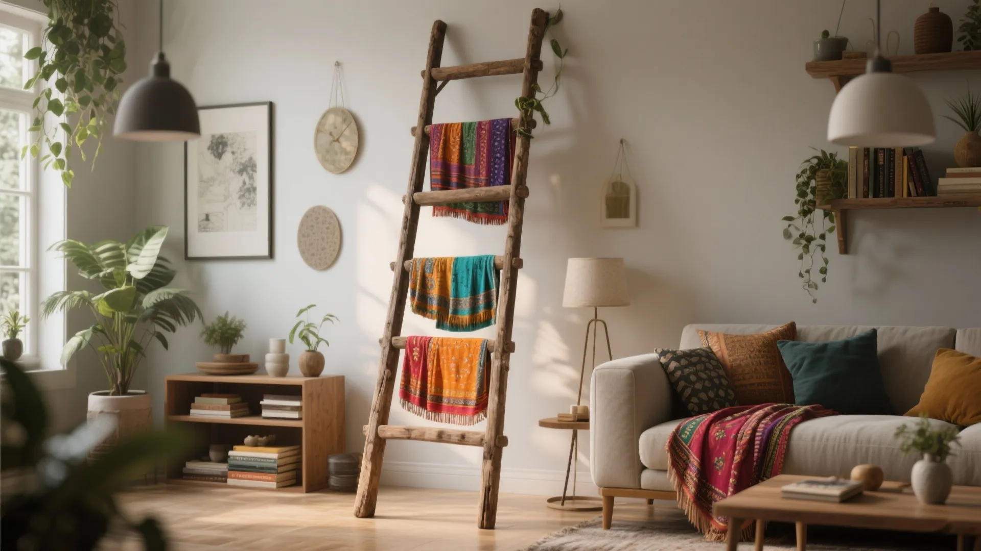 Rustic ladder displaying colorful dupattas in living room