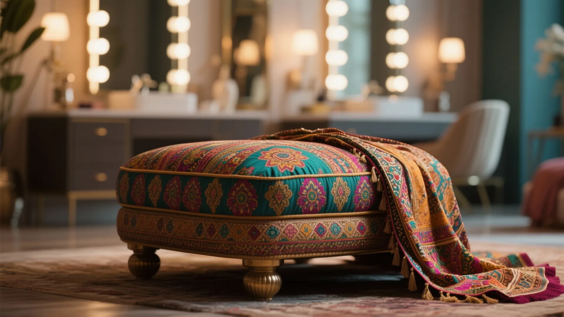 Ottoman upholstered with colorful patterned dupatta