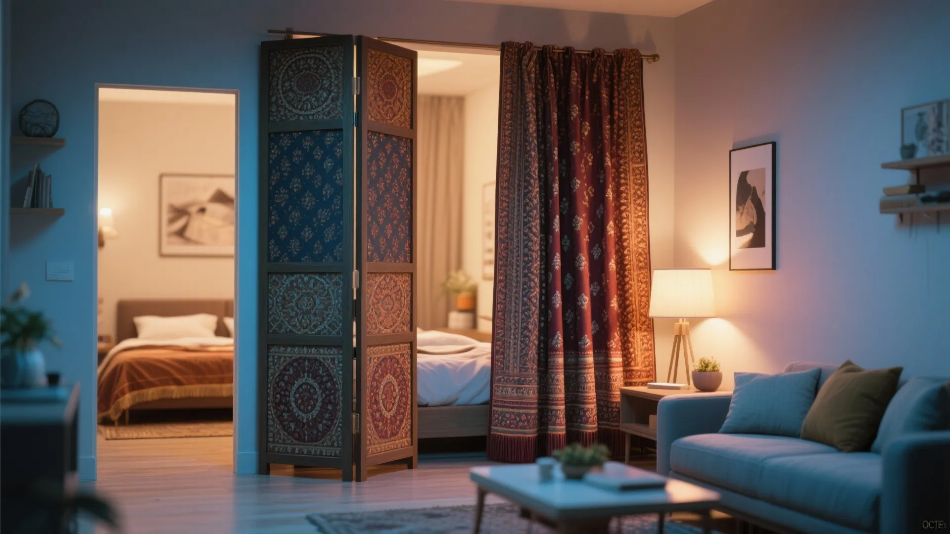 Folding screen decorated with textured dupatta