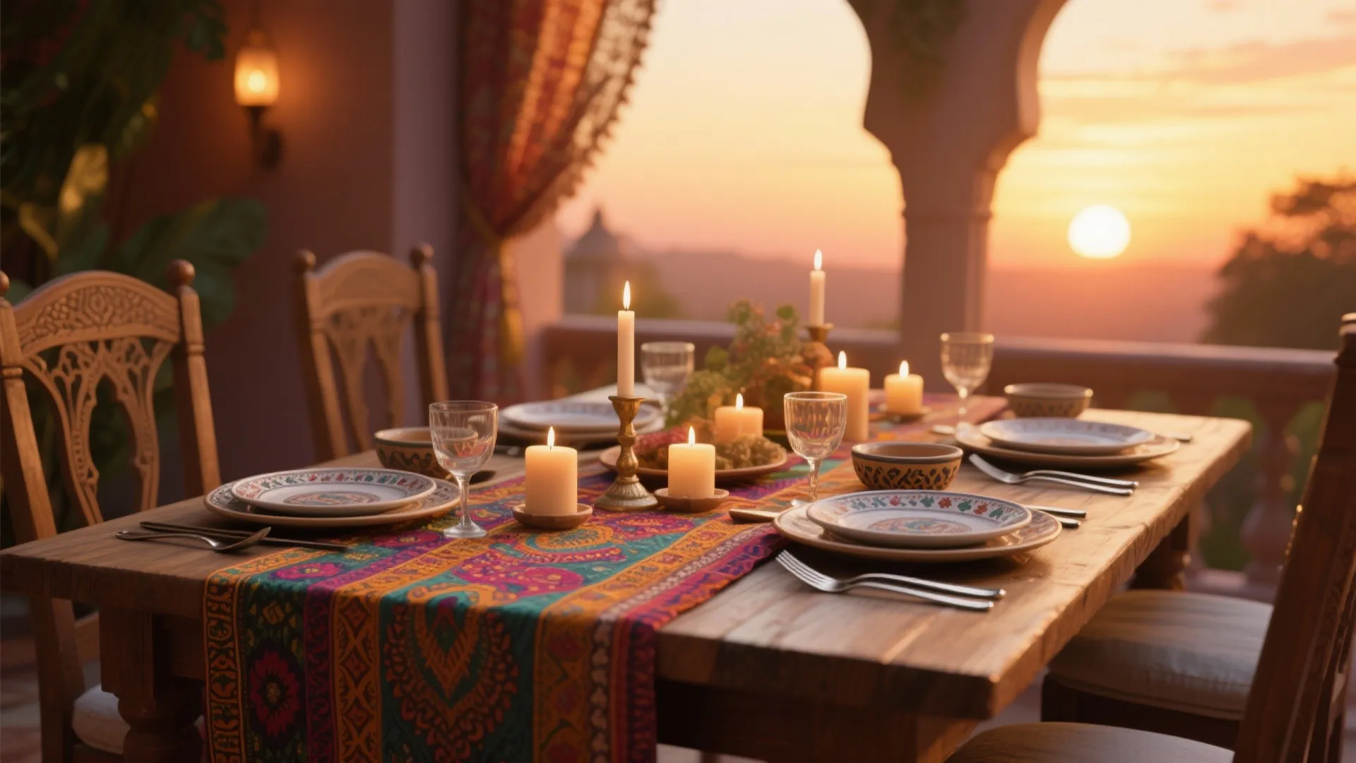 Dining table decorated with vibrant dupatta as runner