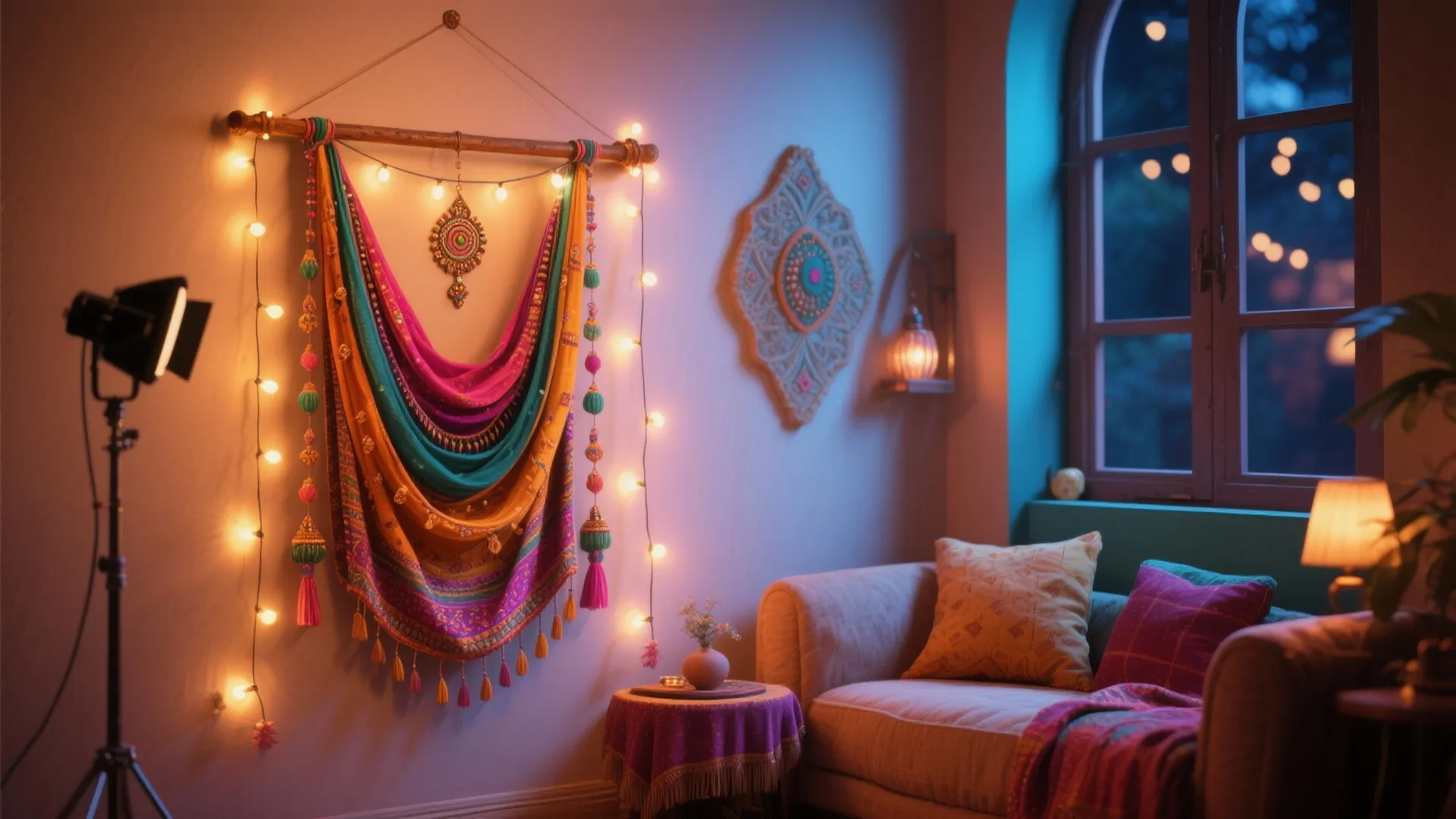 Dupatta displayed with fairy lights as wall hanging