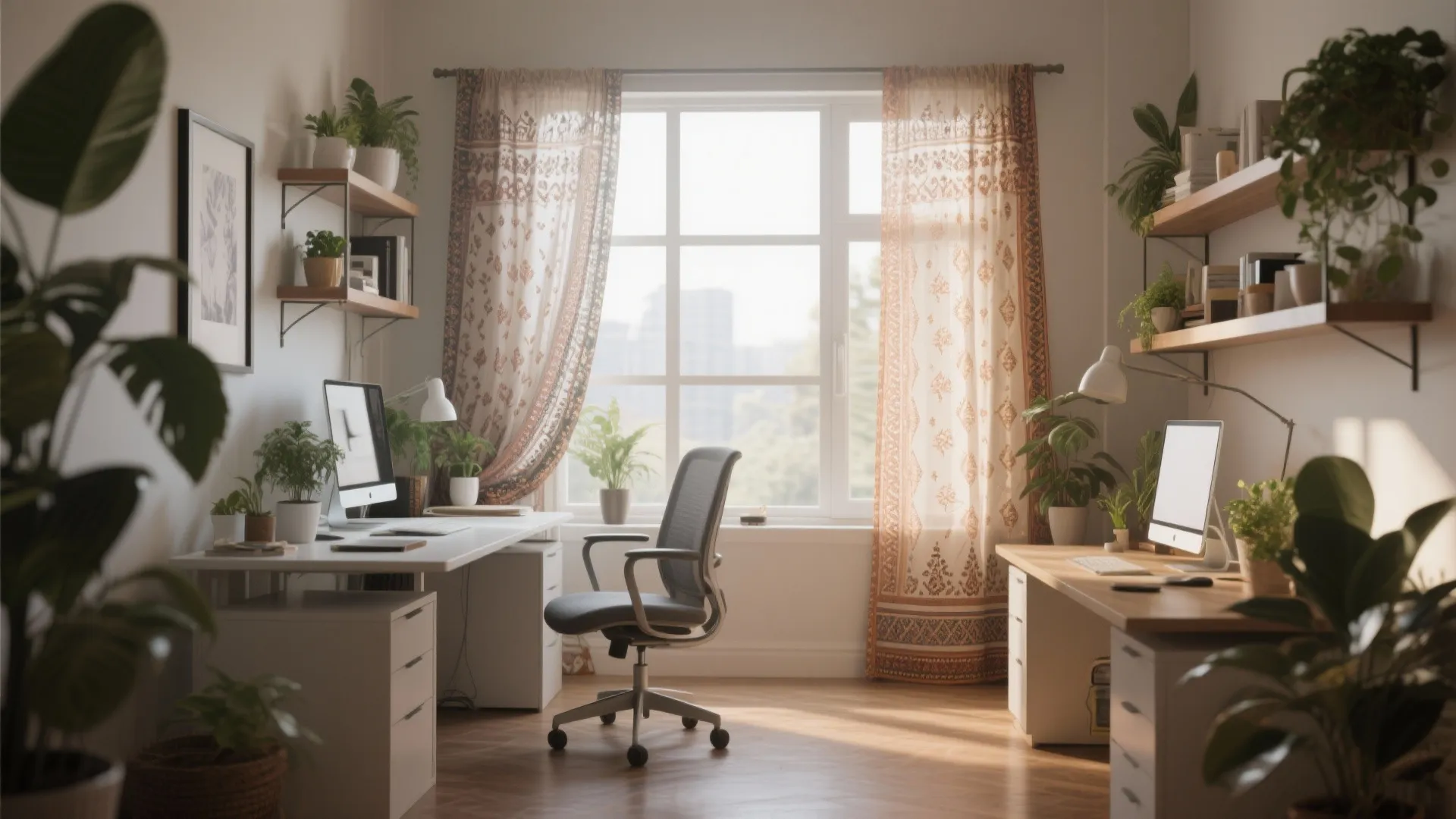 Window draped with sheer patterned dupatta in home office