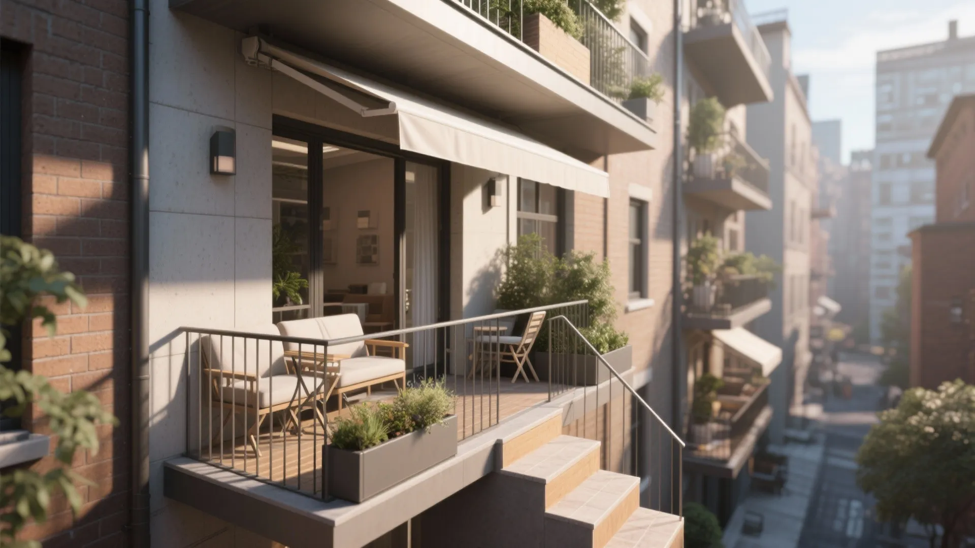 Small apartment balcony with two chairs wooden floor metal railing plants and a white awning