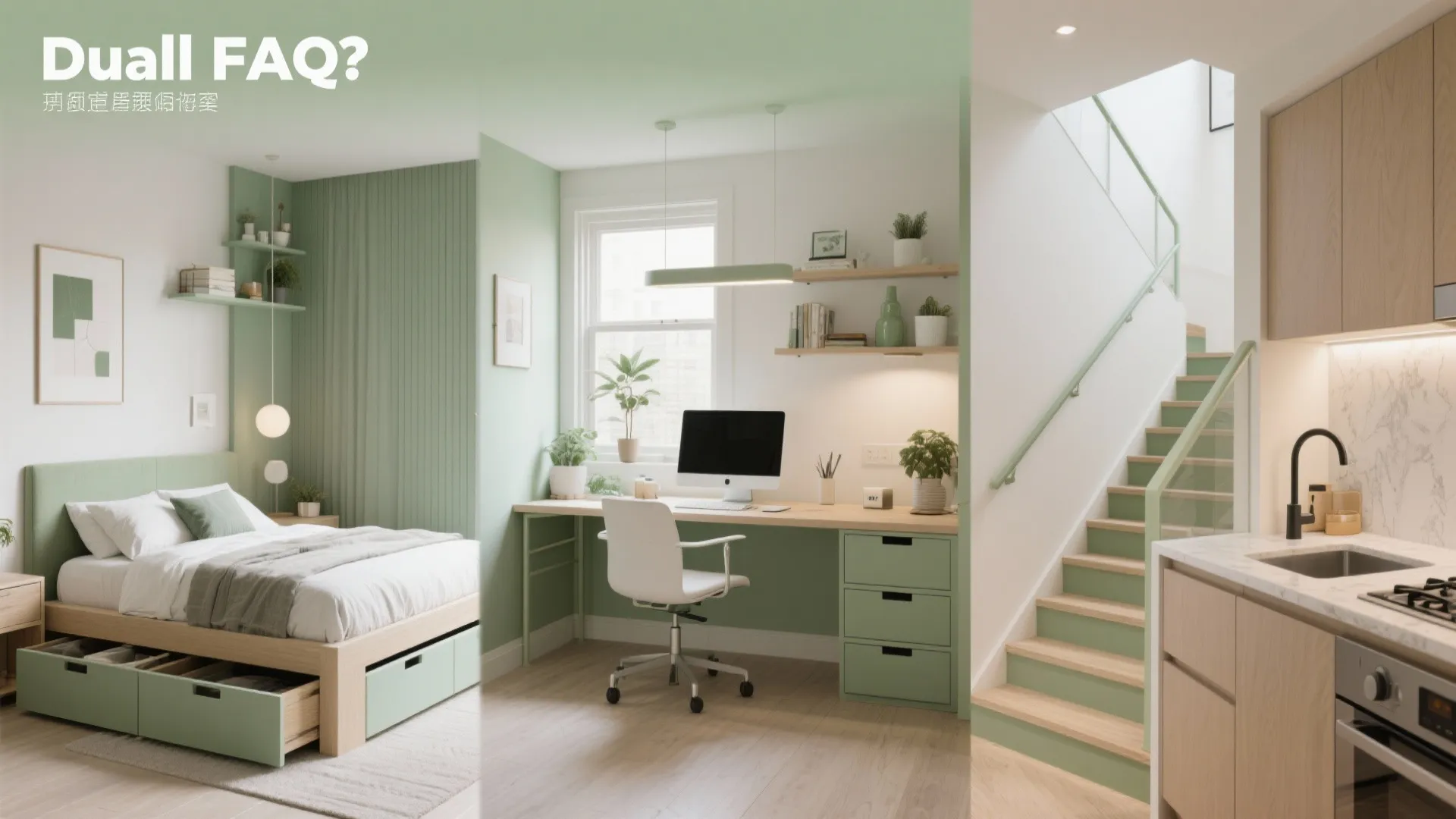 Collage showing a green bedroom with storage home office desk area and modern kitchen staircase