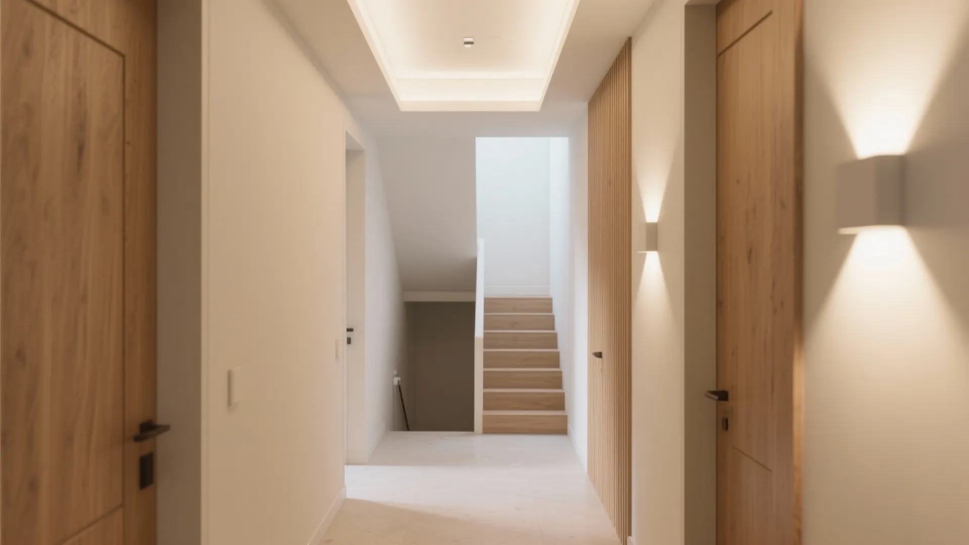 Modern white hallway with wooden doors leading to a set of stairs and wall lights