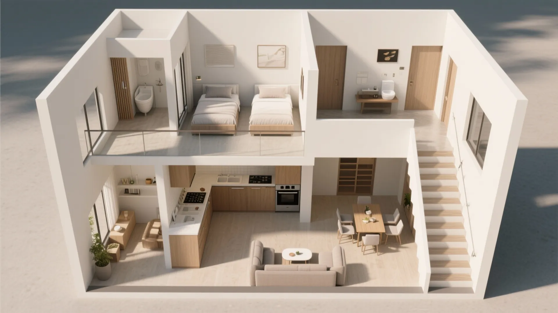 Top-down duplex plan showing living-dining, L-shaped kitchen, and bedroom level layout for a 2 bhk duplex.