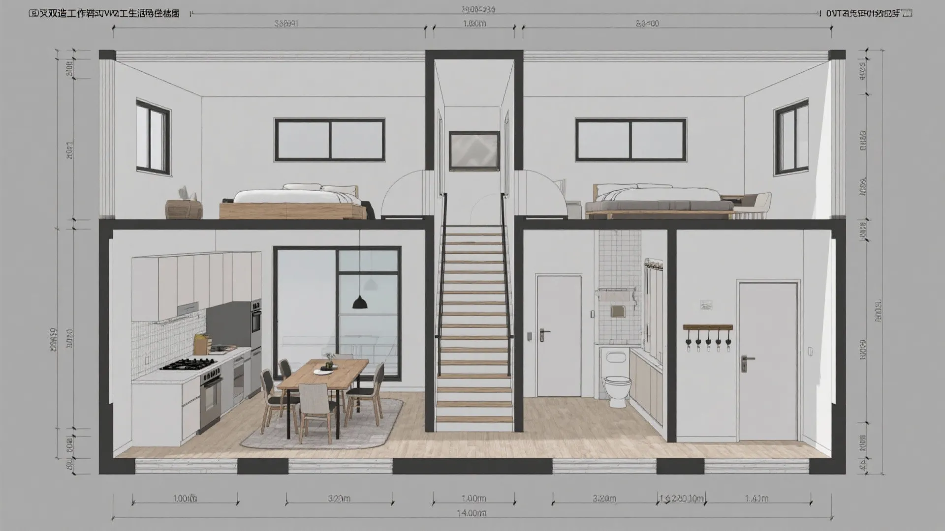 Interior design drawing of a duplex house with kitchen dining area stairs and two bedrooms