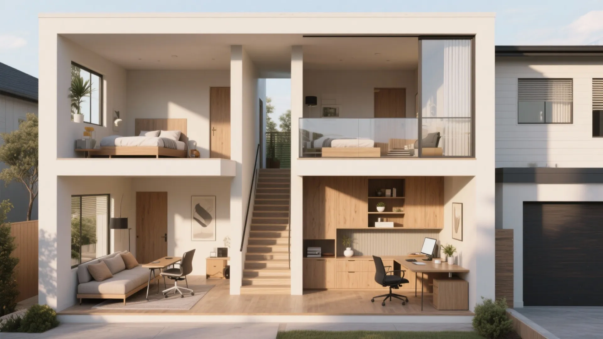 Duplex-Style Split: Private Quarters Above