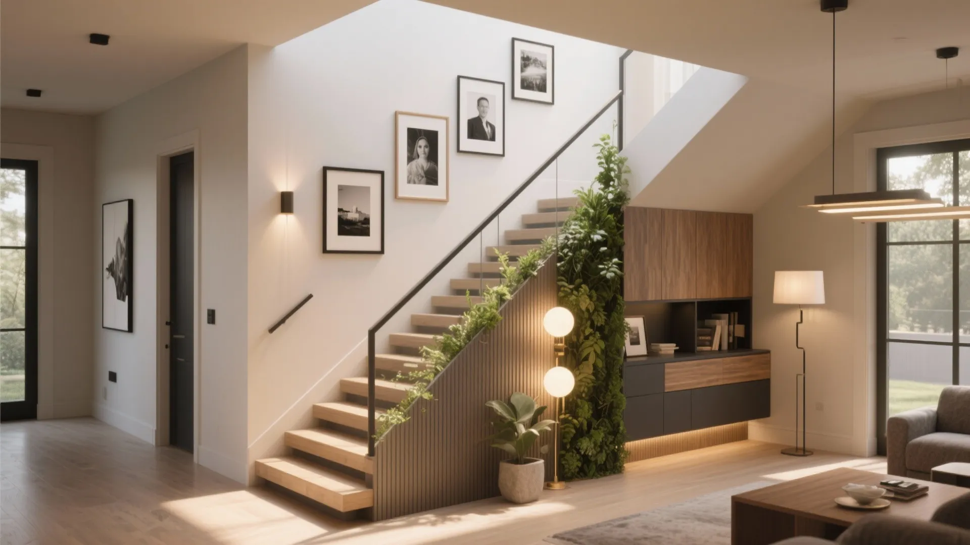 Modern wooden stairs with glass handrail green wall plants hanging photos and warm floor lamp lighting