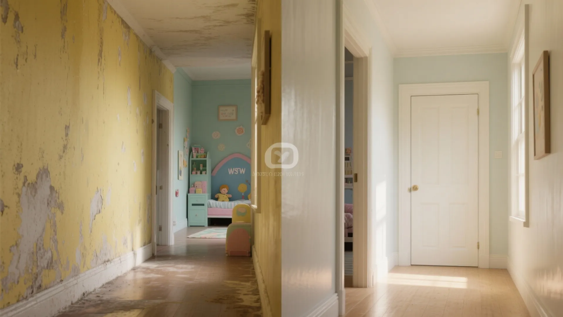 Before-and-after comparison of a damaged yellow hallway versus a clean renovated space with white door