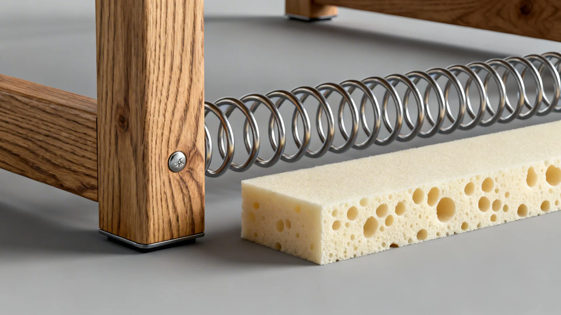 Close-up of hardwood frame, springs and foam cushion showing furniture durability features.