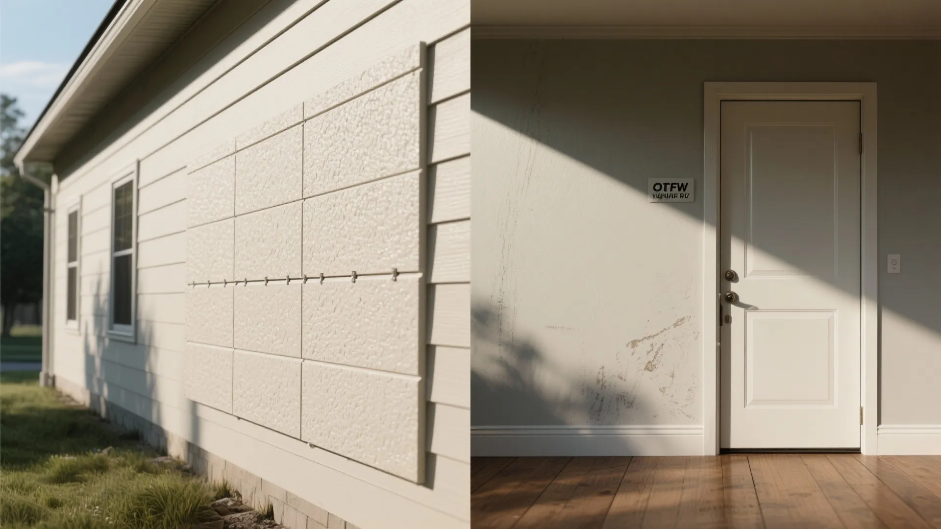 Side by side view of exterior wall panel installation and white interior door with floor