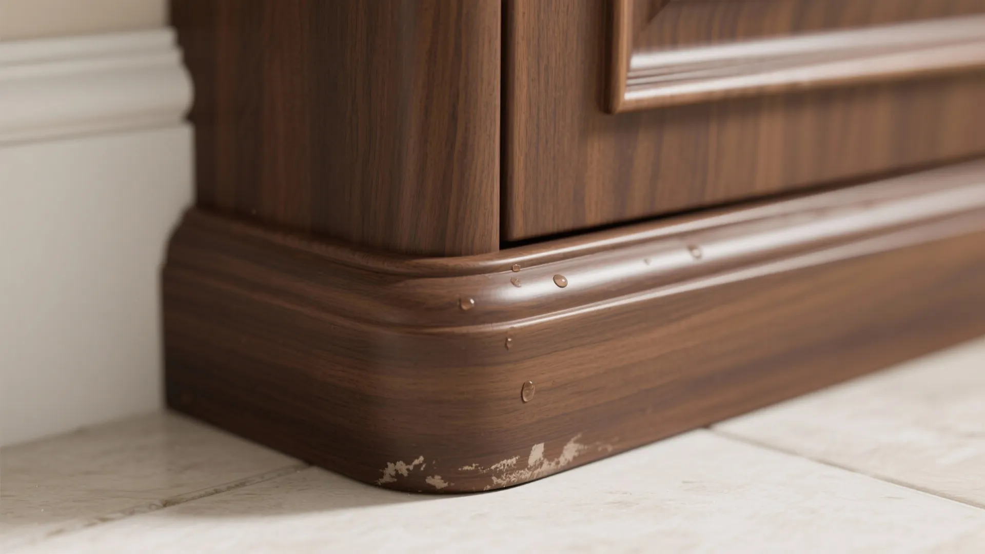 Water droplets on the curved wooden base of a cabinet showing moisture resistance and durability