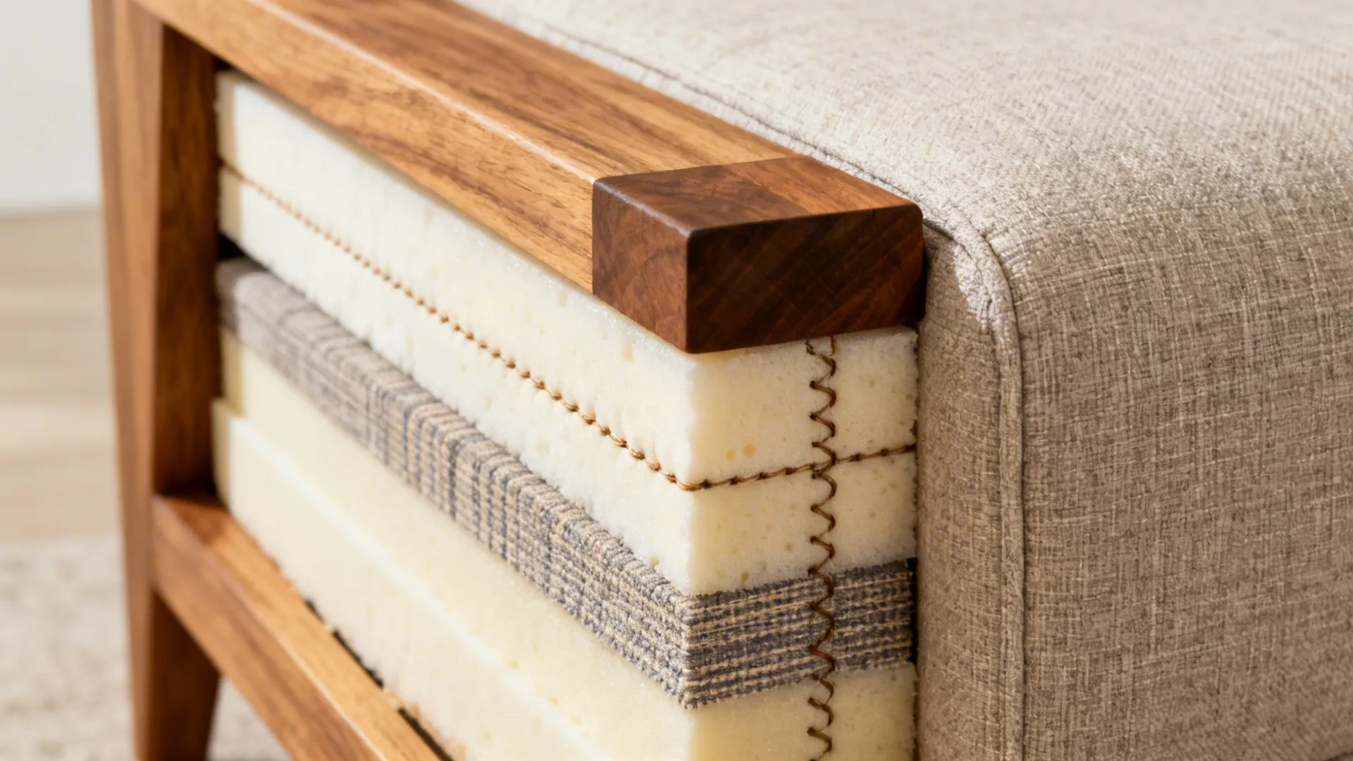 Close-up of hardwood frame corner blocks, HR foam, and performance fabric stitching.