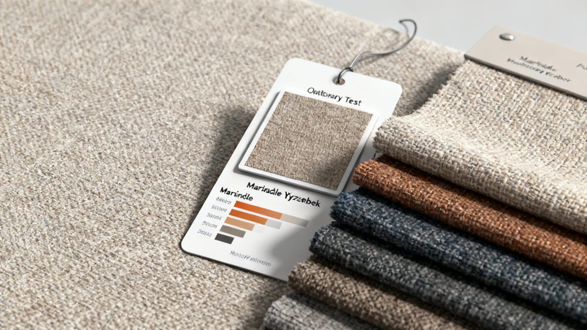 Stack of fabric material samples with a white testing card on a light gray floor