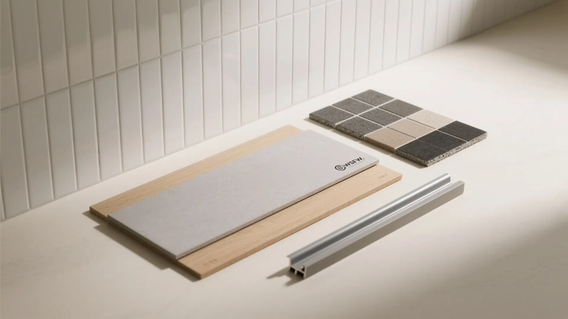 Interior design material samples showing stone tile wood board and metal trim on white table