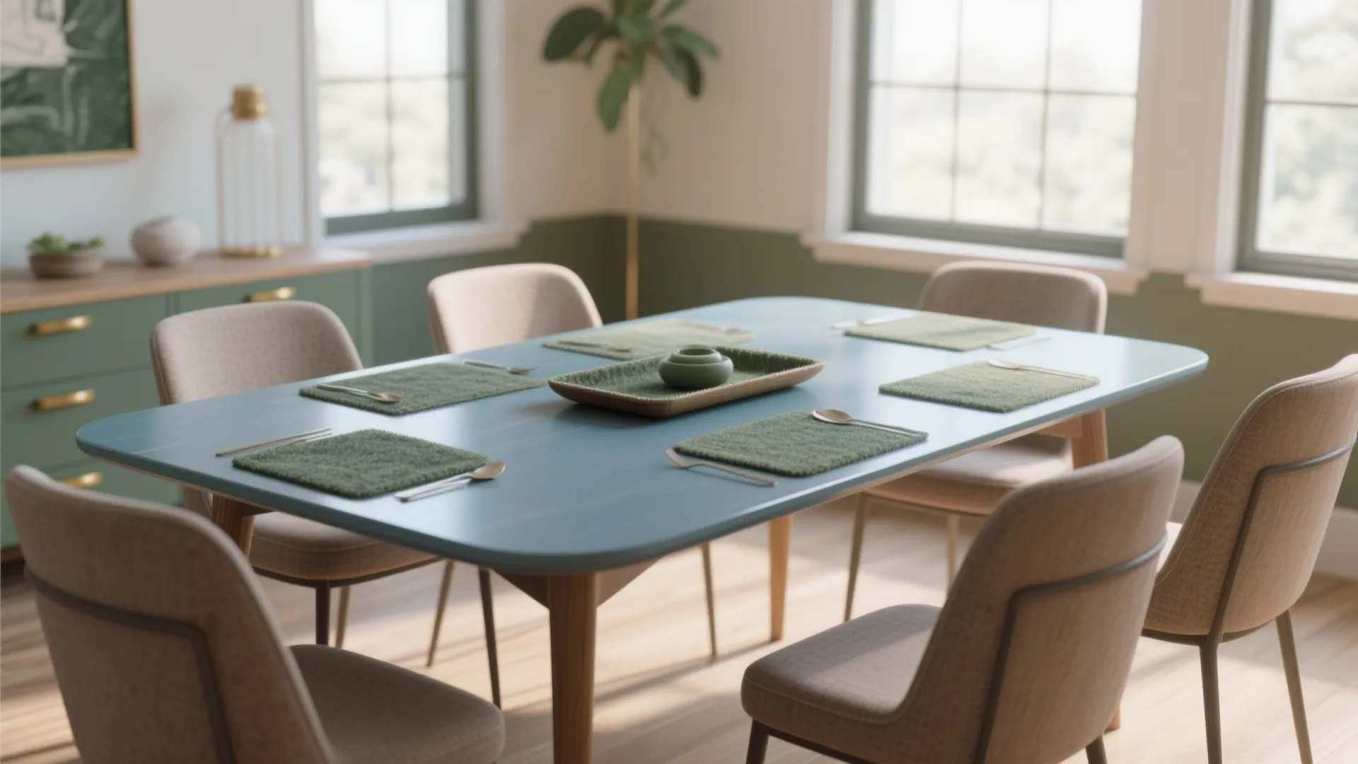 Modern blue dining table with green place mats beige chairs and wooden legs in bright room
