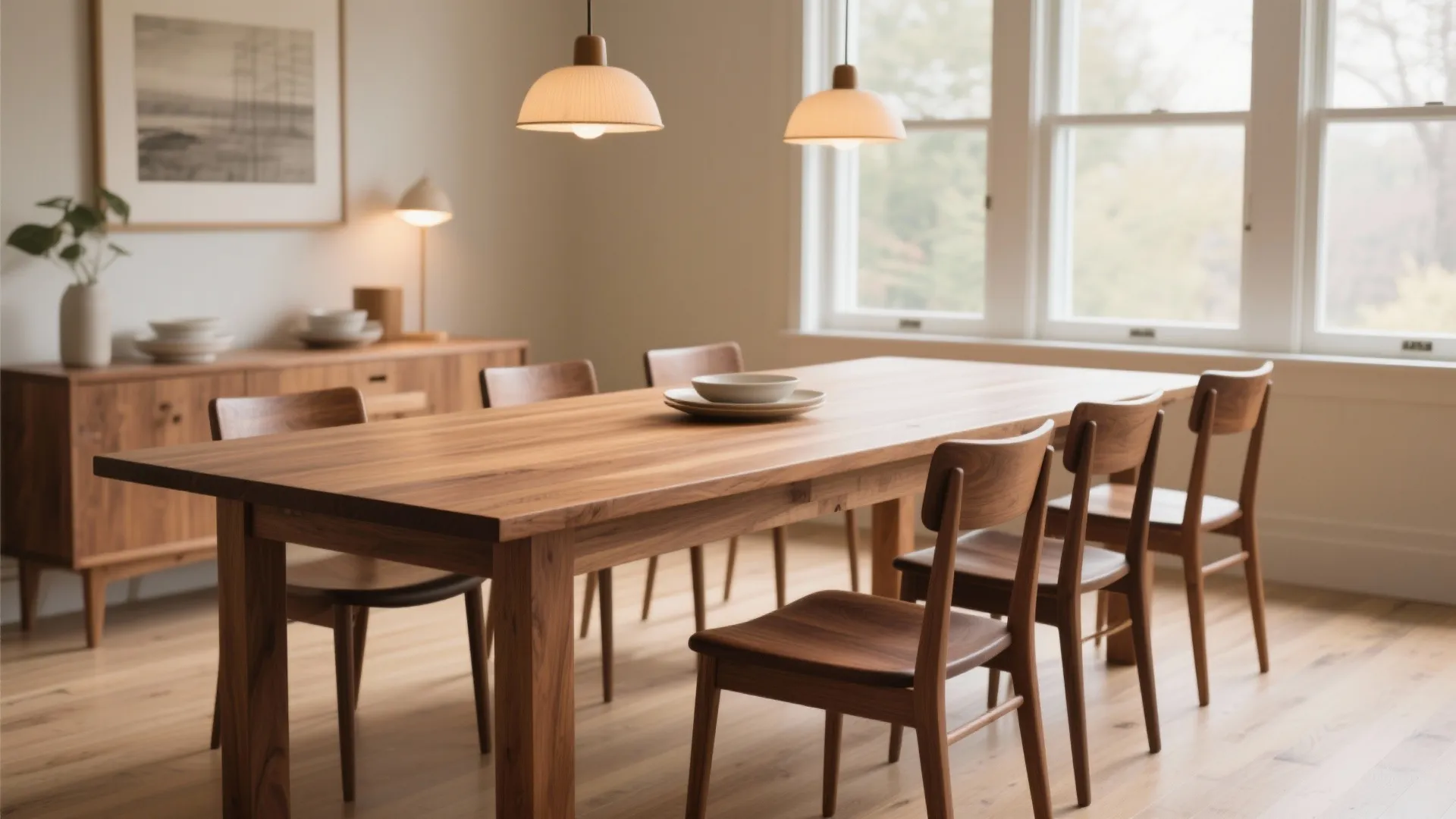Modern wooden dining table set with chairs ceiling light wooden cabinet and large window view