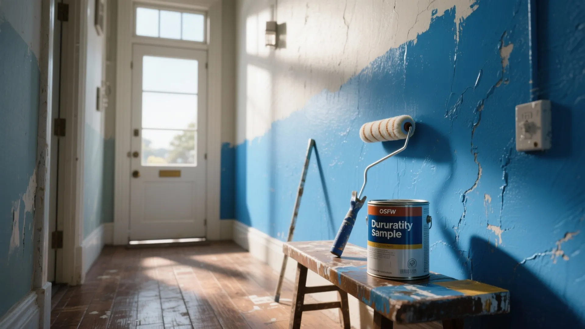Sunlit entryway with a durable semi-gloss deep-blue accent wall and painter applying finish.