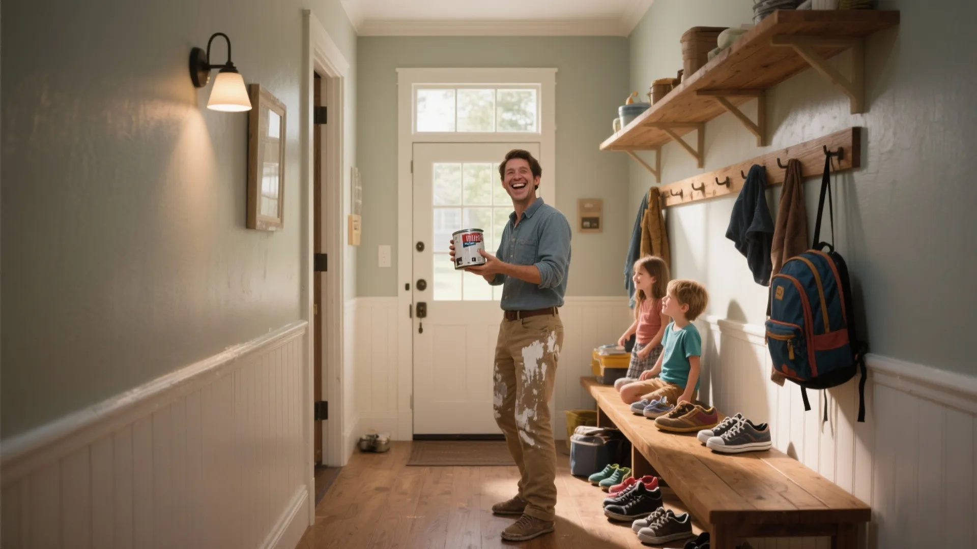 Happy man holding paint can in hallway with two children sitting on wooden shoe storage bench
