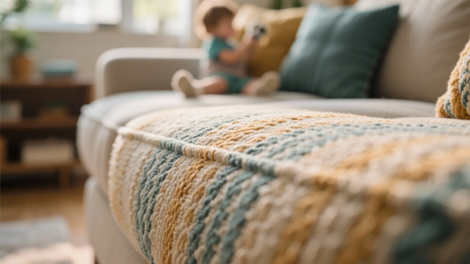 Close-up of performance fabric textured sofa in warm family room