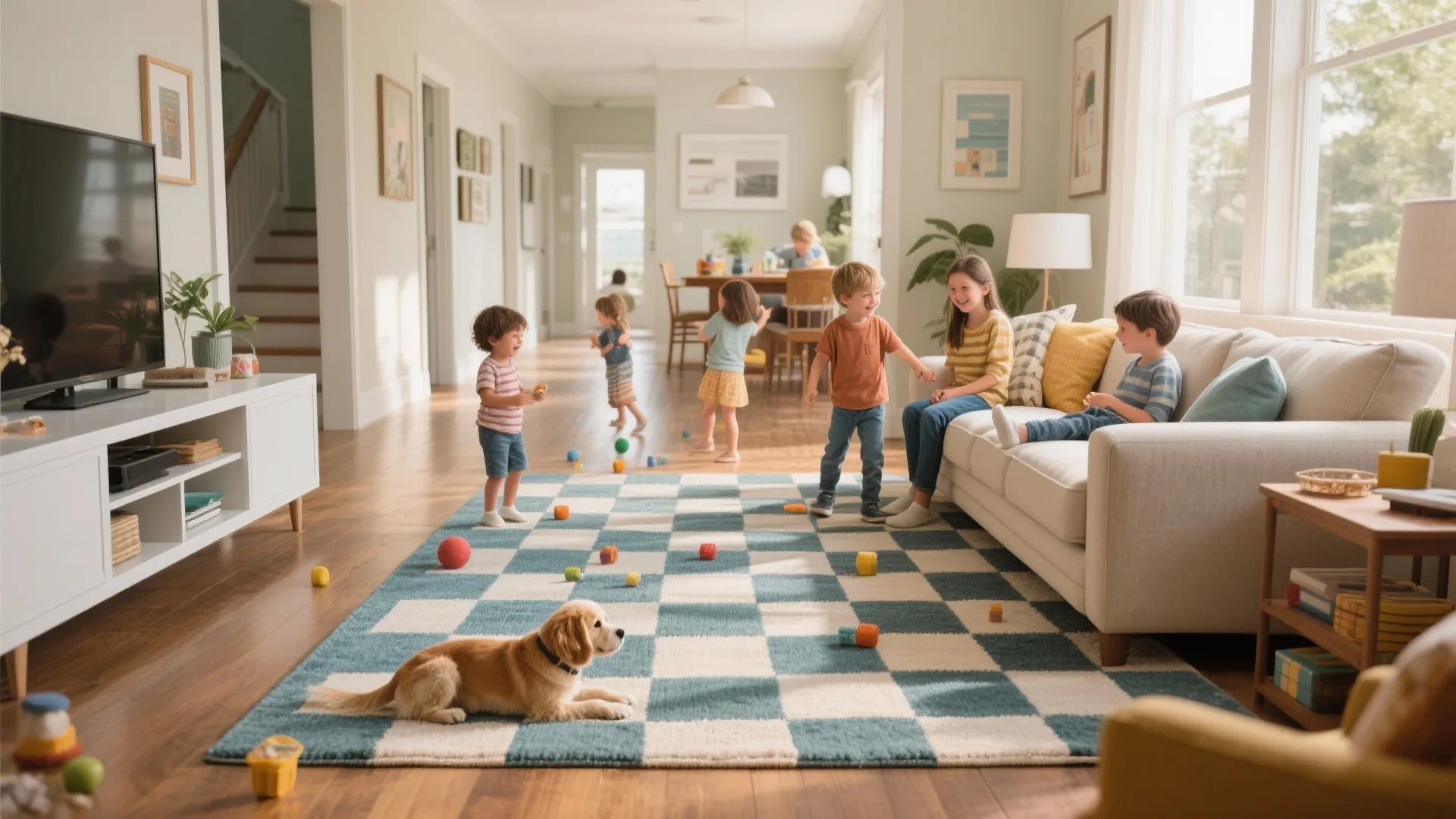 Bright living room with a durable synthetic rug for high traffic
