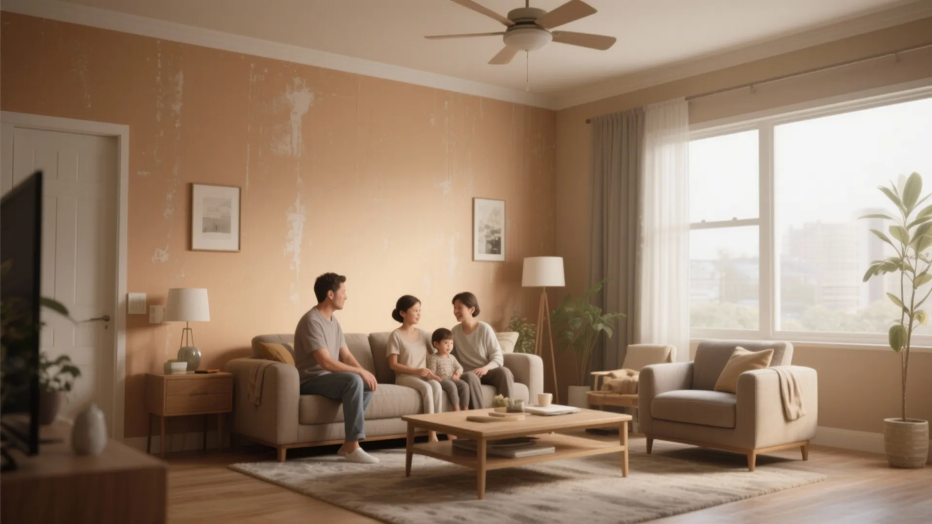 Family living room with durable mid-tone painted walls and washable finish under soft daylight.