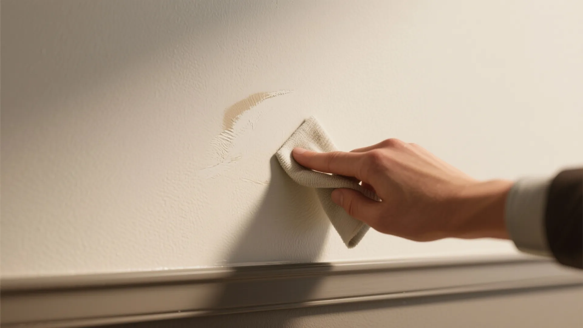 Hand using a small white cloth to clean a brown stain off a light beige wall