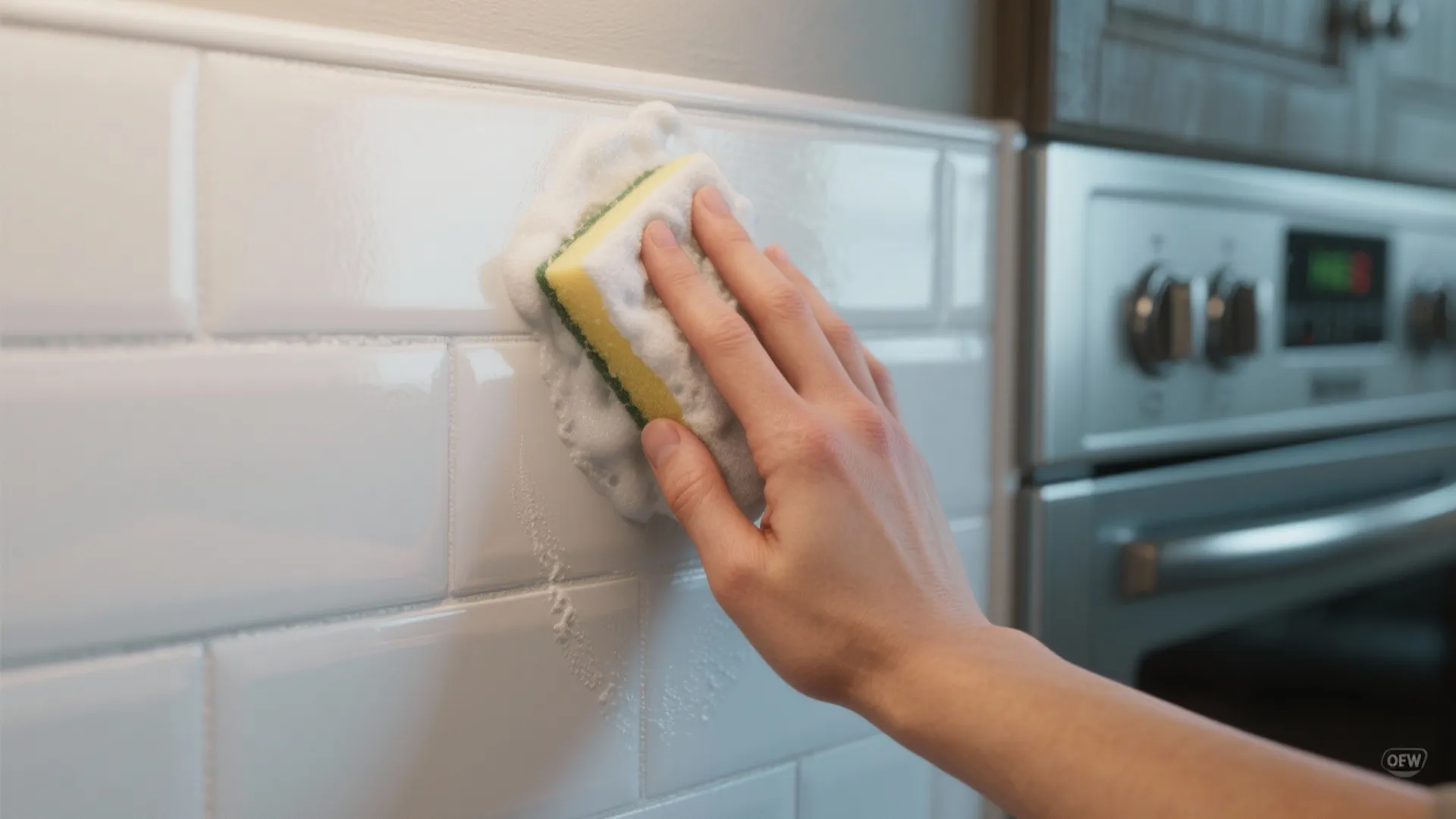 Close-up of a hand wiping a semi-gloss durable painted wall in a kitchen, demonstrating scrubbable finish.