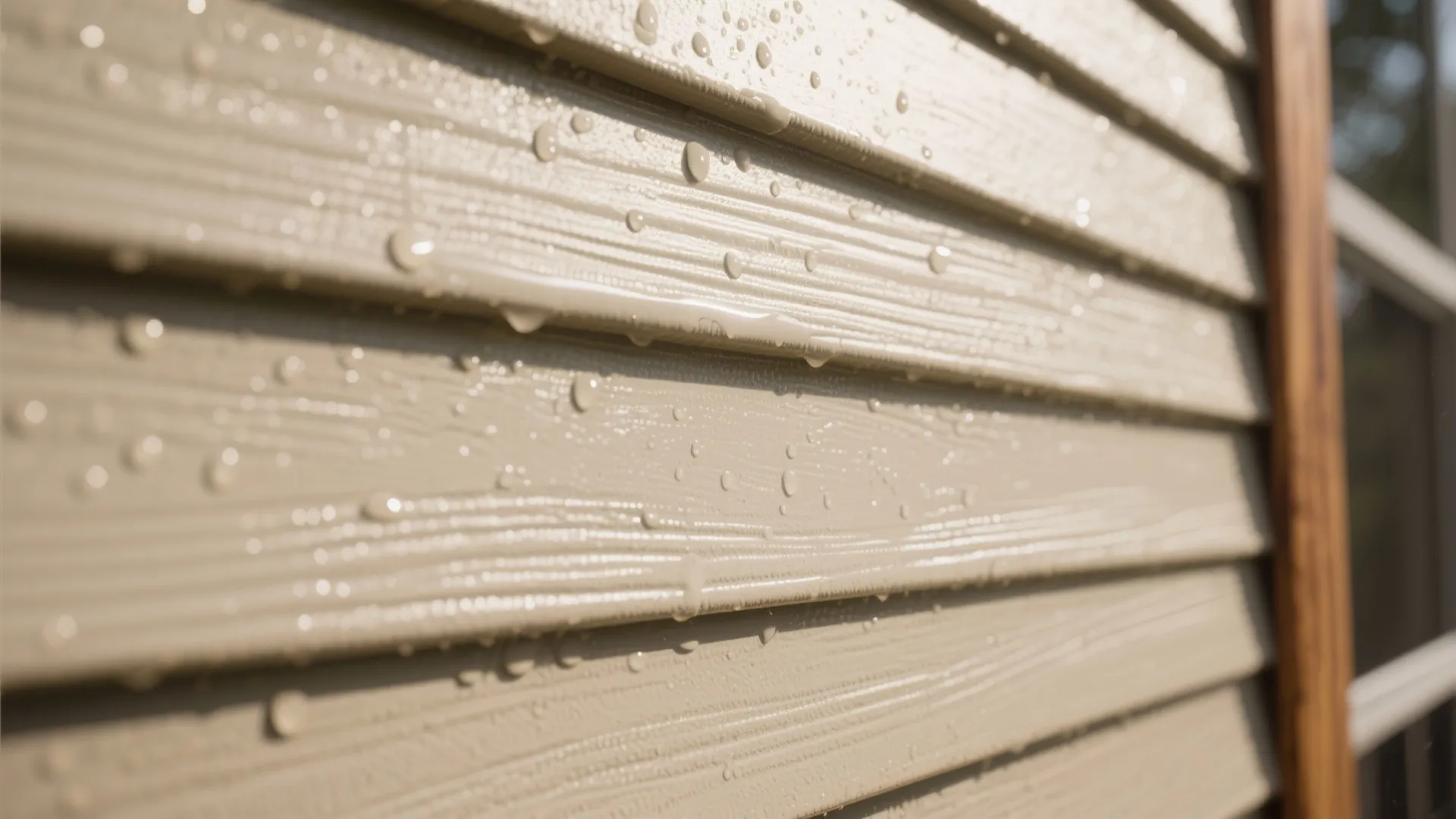 Close up of tan wall panels with water drops showing a waterproof and durable exterior finish