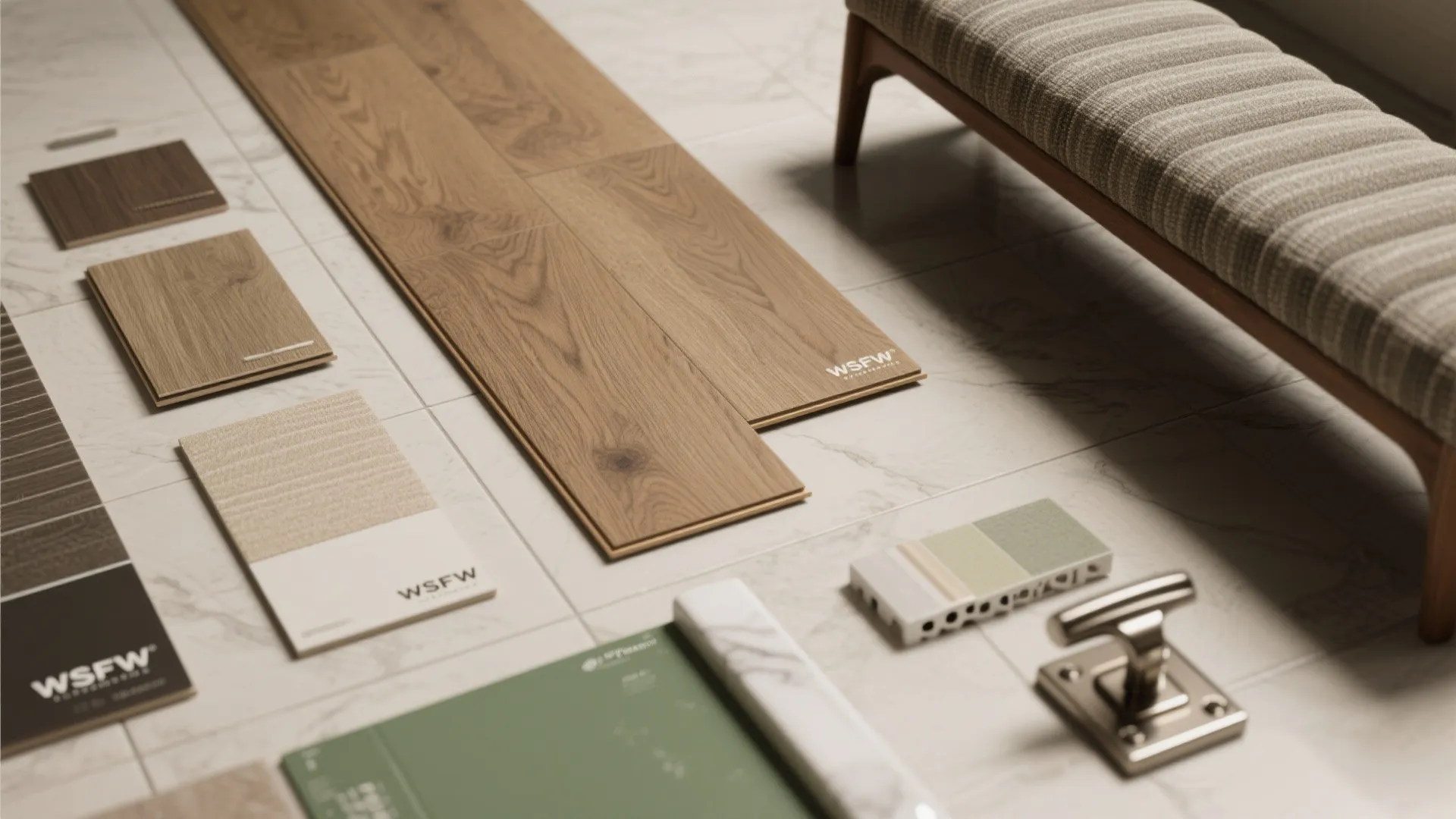 Various interior design material samples including wood flooring wood panels tiles and metal door handle hardware