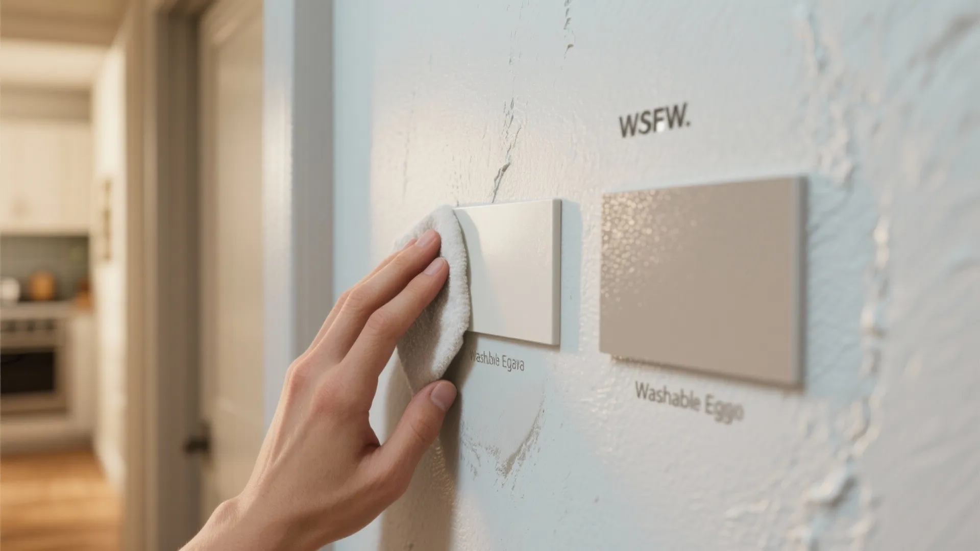 Close-up of eggshell and satin wall finishes being wiped clean, highlighting durable, washable textures for high-traffic zones.