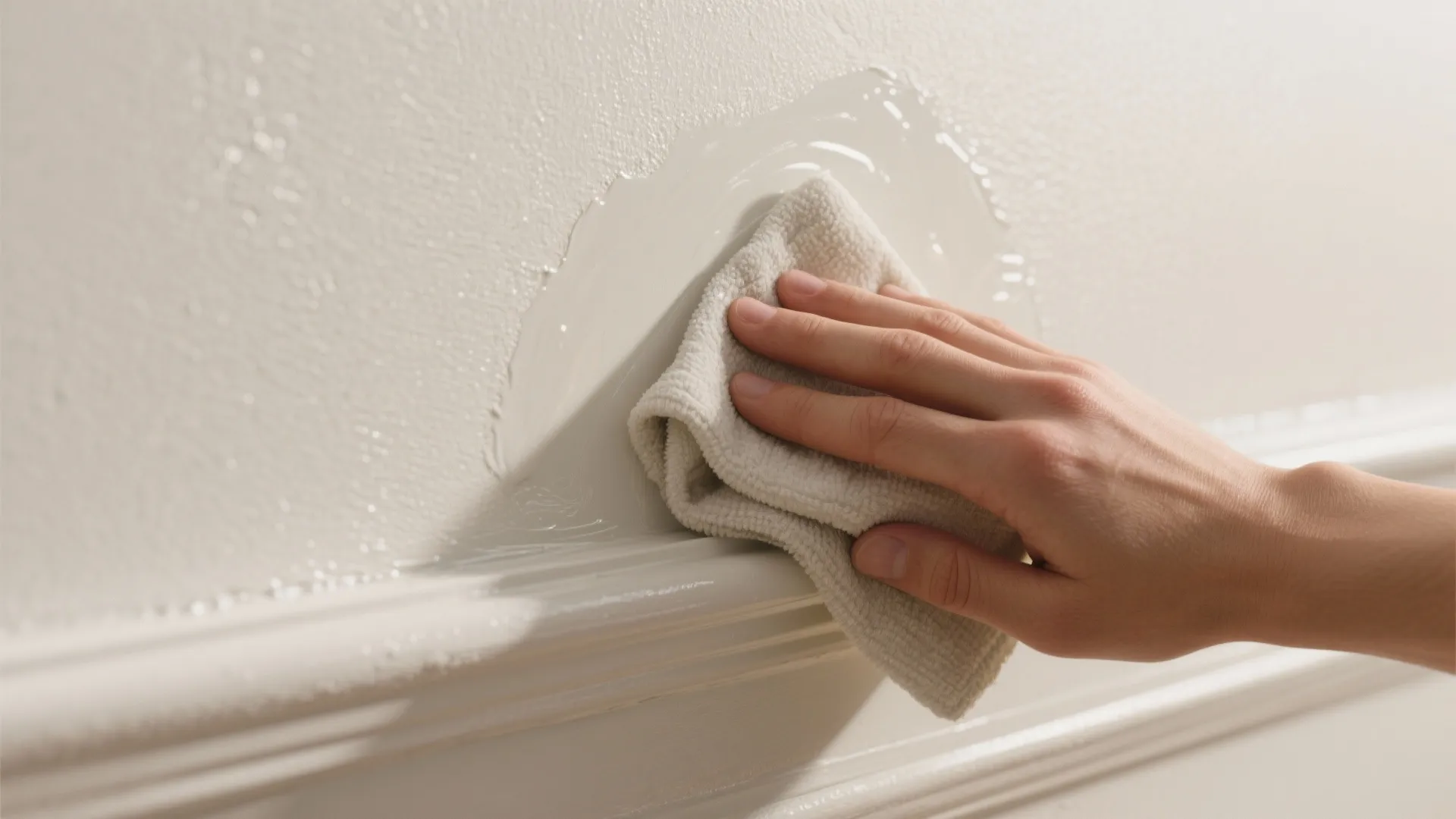 A hand wiping a wet white wall panel with a small cloth to clean it
