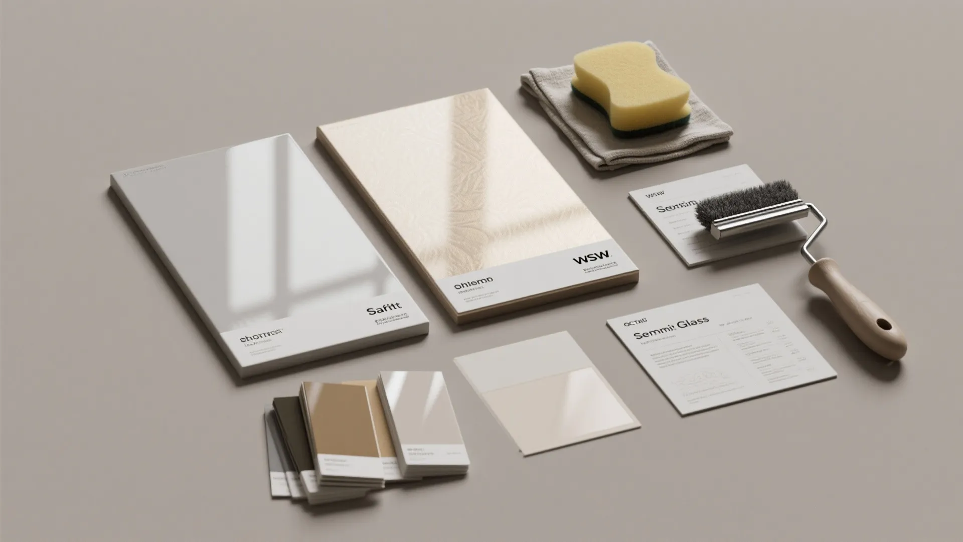 Flat lay of interior design samples including tile panels paint cards sponge and a roller