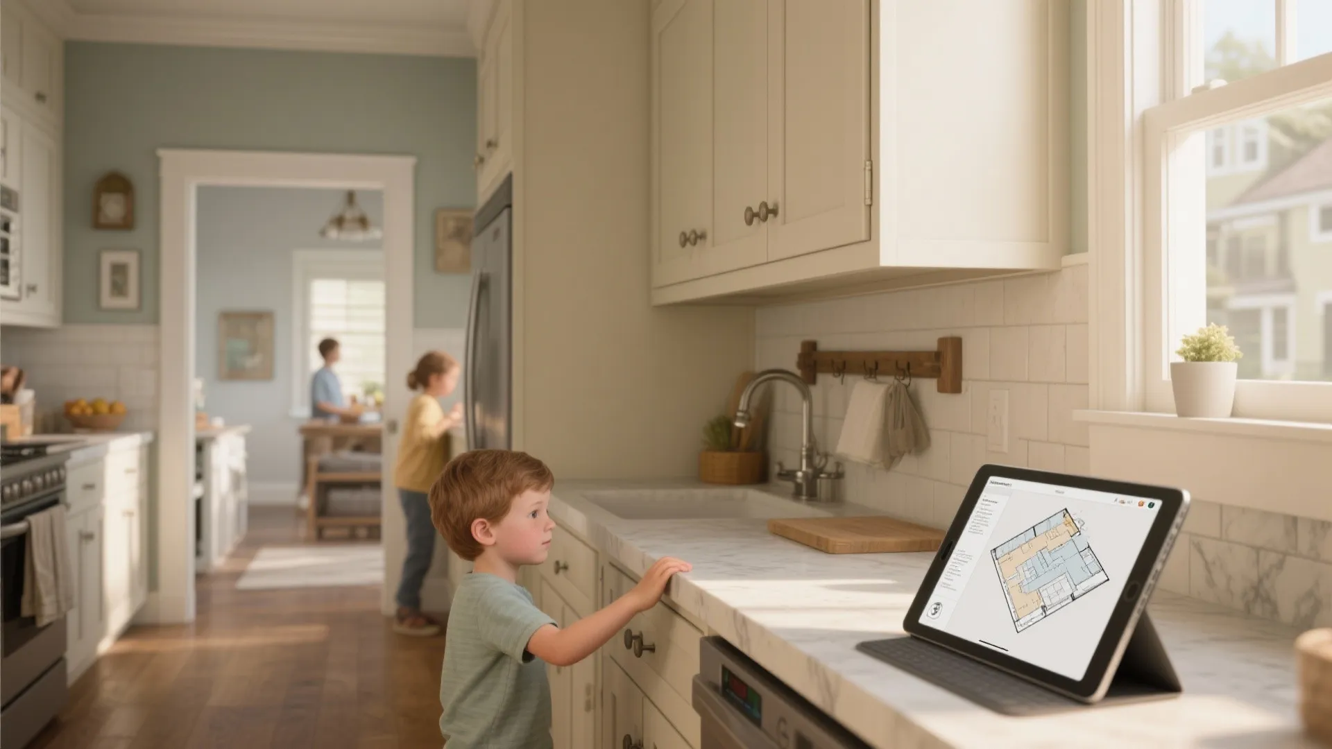 Young boy looking at tablet screen showing floor plan layout on white marble kitchen counter