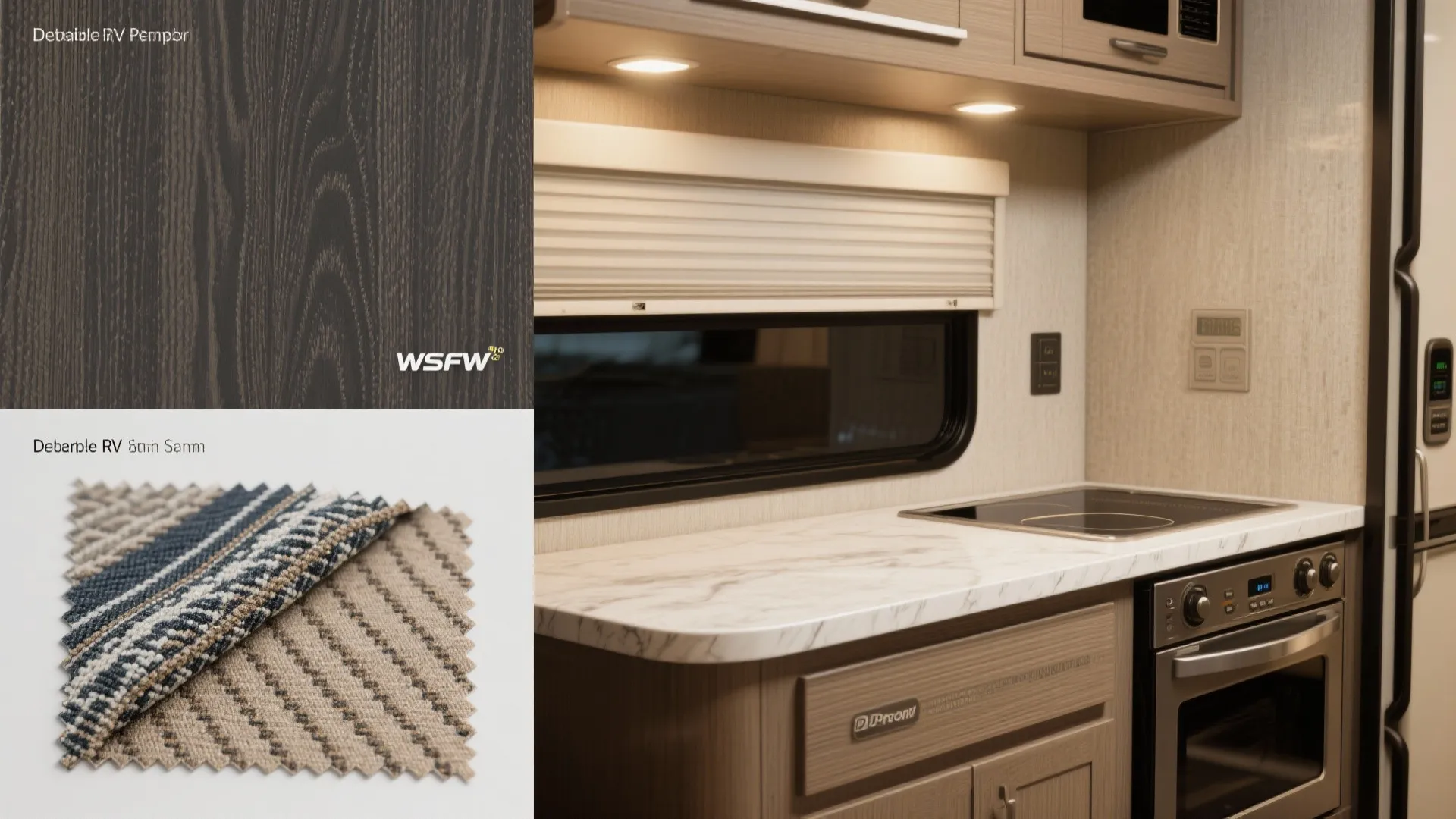 Samples of scratch-resistant laminate, marine-grade fabric, sealed countertop edge and compact appliance detail