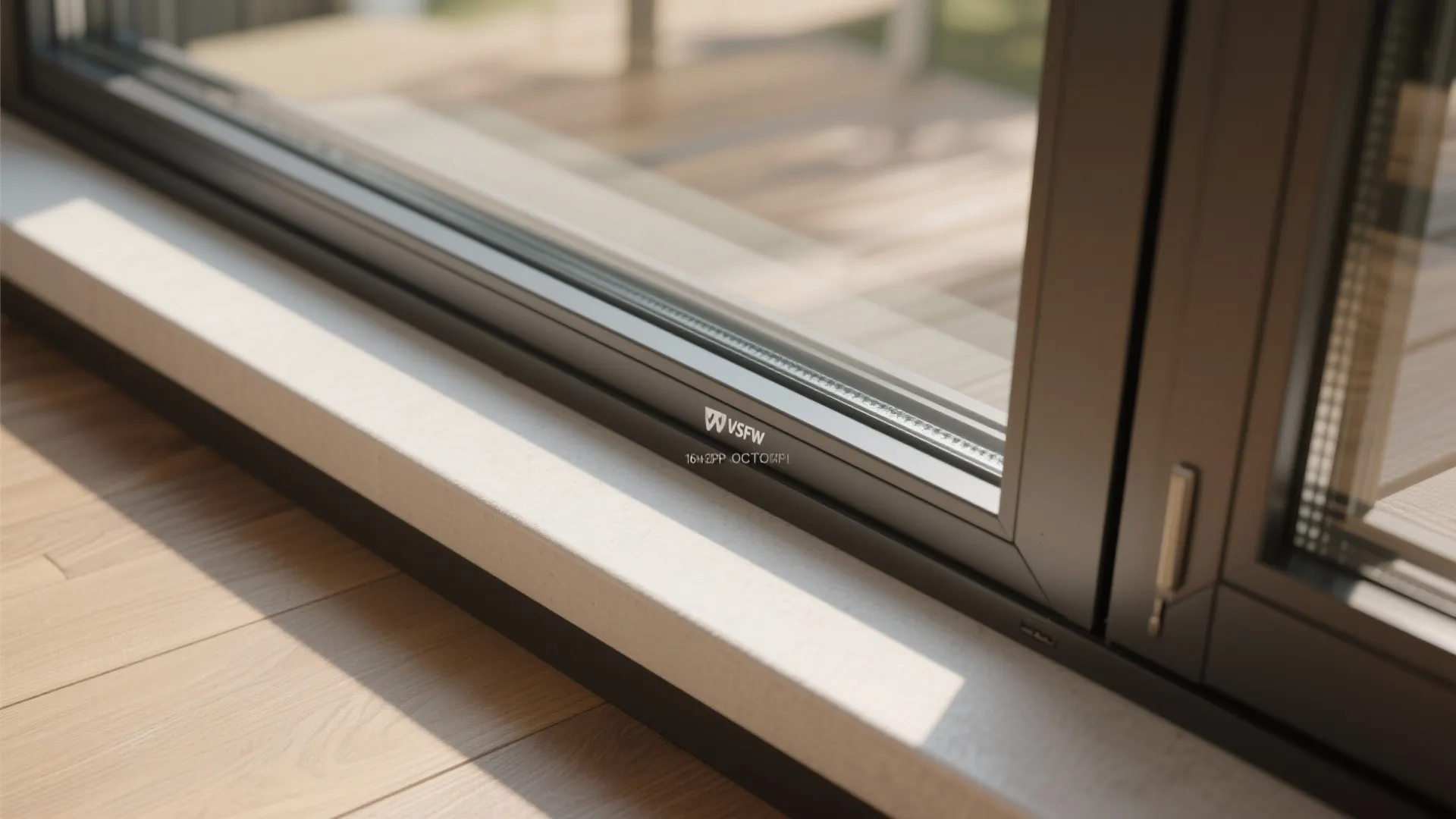 Macro detail of insulated glazing and durable flooring edge highlighting material quality.