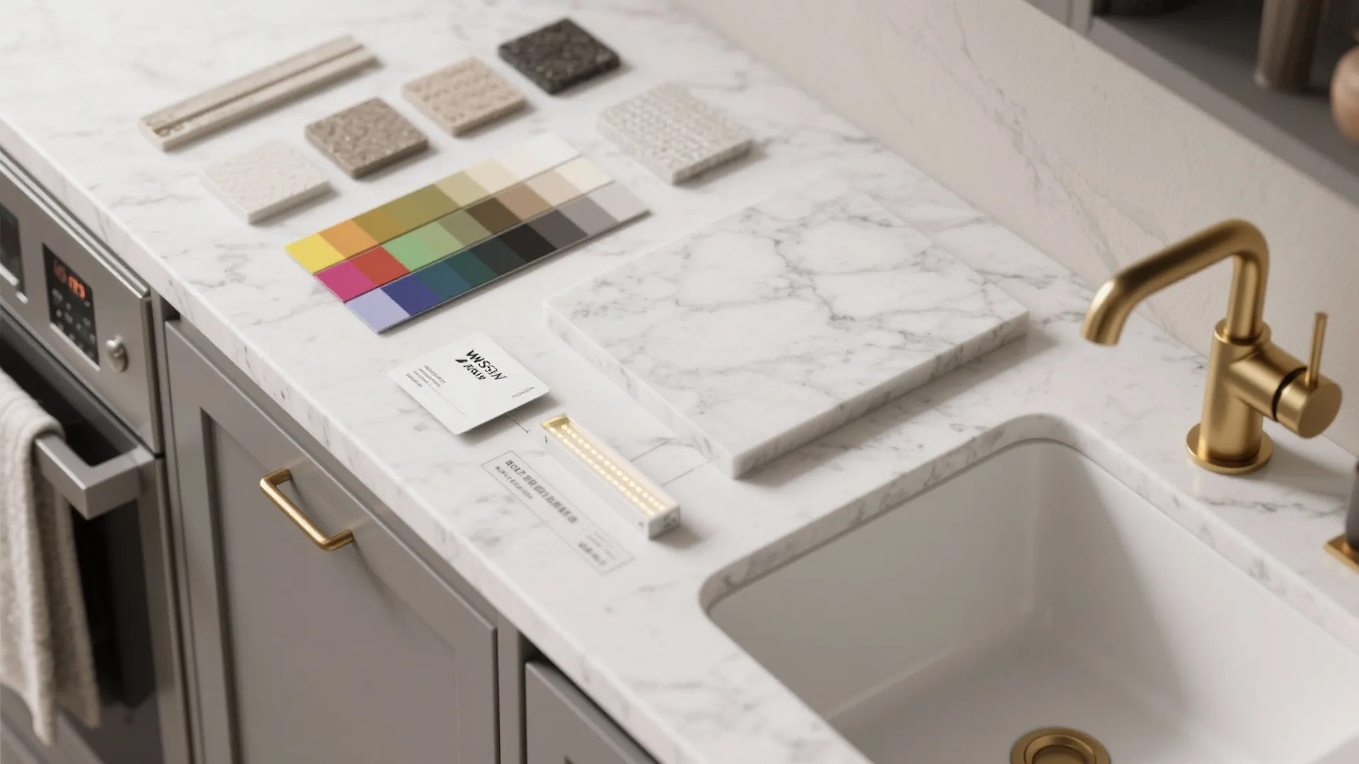 Interior design drawing board with marble tile samples color palettes and gold sink faucet details