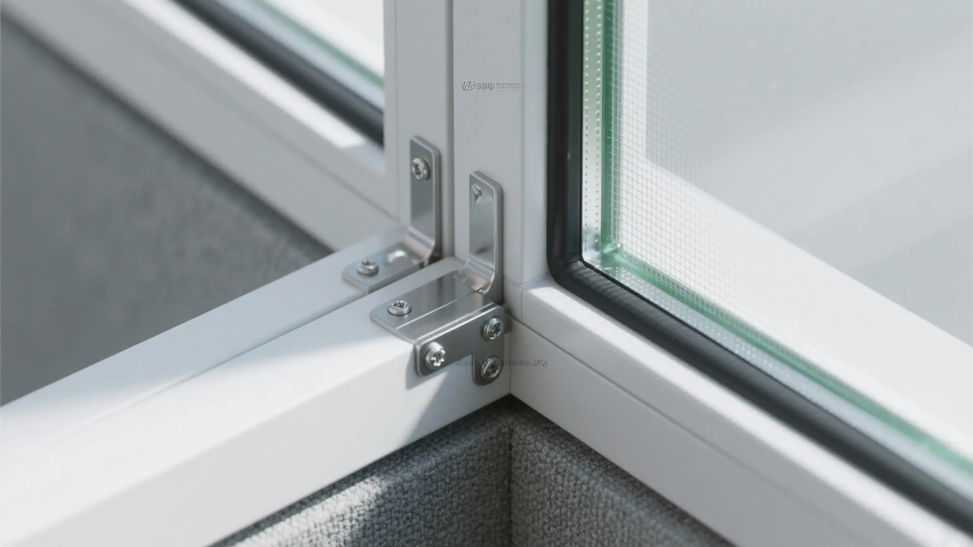 Close up of metal window frame corner showing the silver hinges and white window border