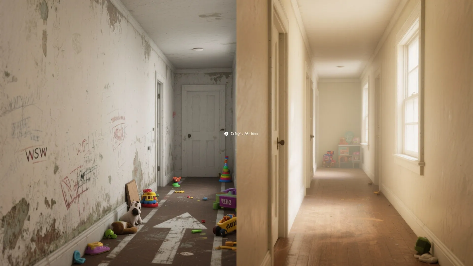 Before and after comparison of a messy hallway renovated into a clean and bright walkway