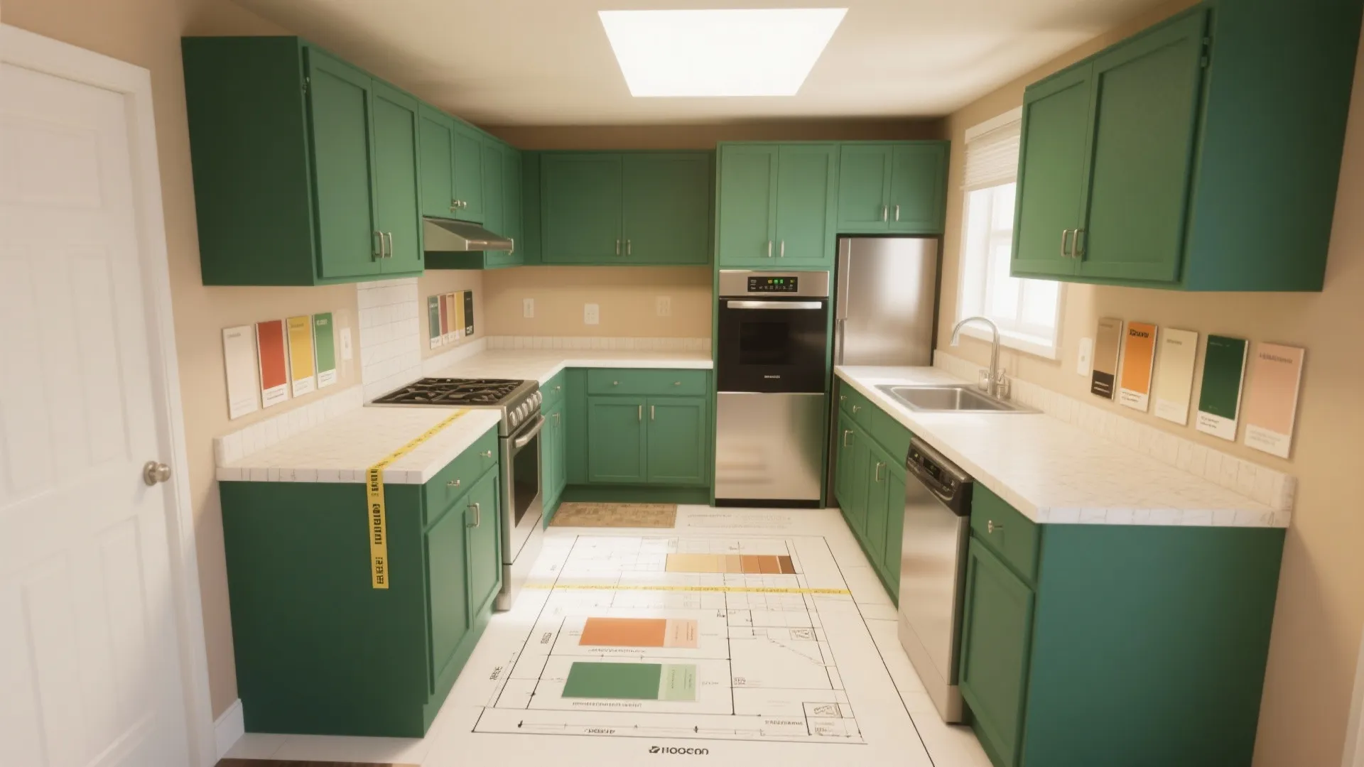 Kitchen interior design drawing showing green cabinets white countertops steel appliances and room floor plan